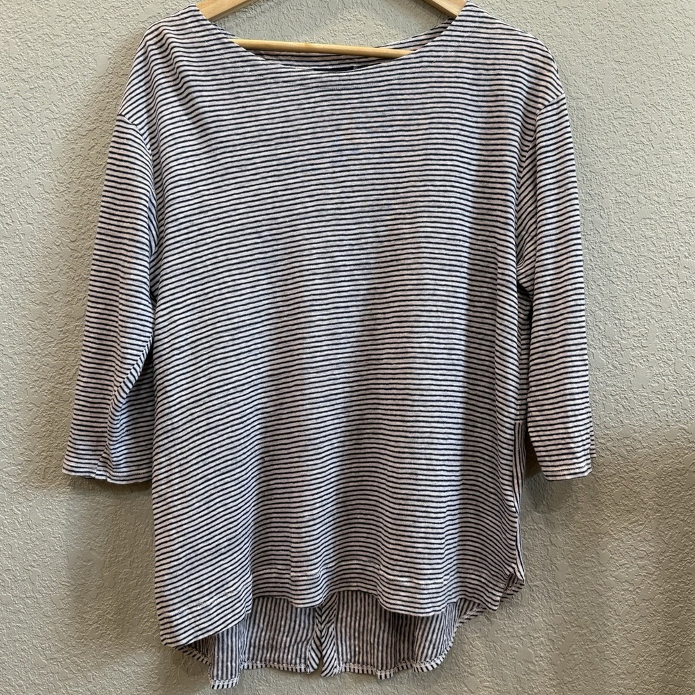 Adrienne Vittadini White Navy Blue Striped 100% Linen Knit Top Shirt Size 1X
